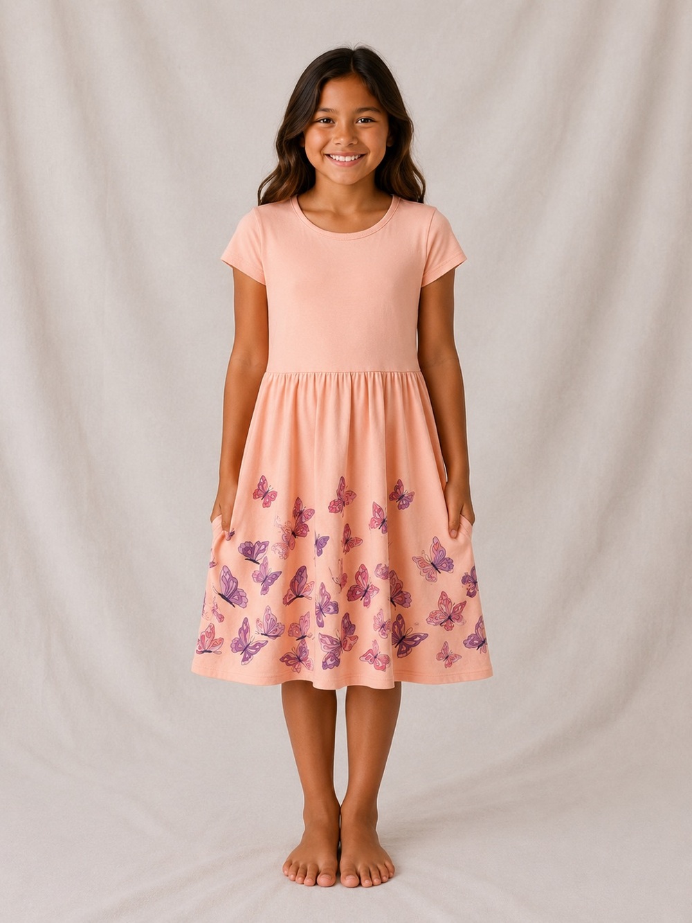 jumping beans Peach Dress with Pink & Purple Butterflies